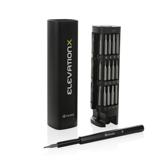 Gear X RCS recycled aluminum precision screwdriver set with 46 pieces, featuring various screwdrivers and tools for detailed work.