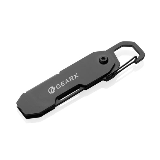 GearX Gear X foldable EDC tool with carabiner and parcel cutter, compact multi-tool for everyday carry, open and closed views.