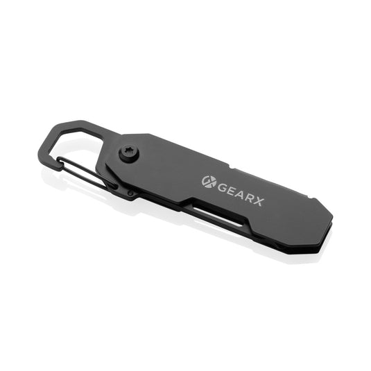 Gear X foldable EDC tool with carabiner and parcel cutter, showing compact design with multiple integrated tools and a sturdy clip.