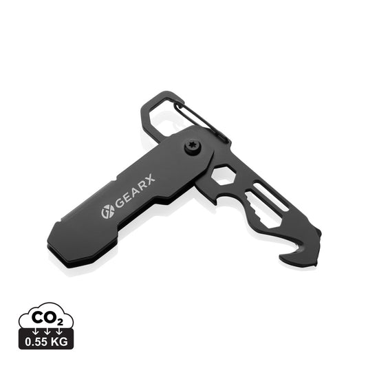 Gear X foldable EDC tool with carabiner and parcel cutter, compact multi-tool for everyday carry, shown with open and closed blades.
