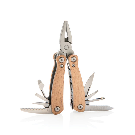 Compact Wood Multitool Mini from XD Collection, showcasing versatile tools and torch in a sleek, portable design.