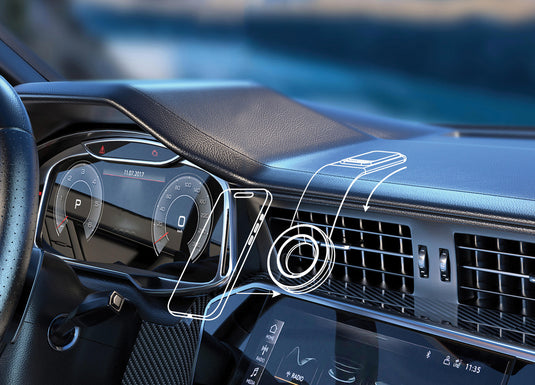 DriveGrip RCS recycled plastic universal magnetic car holder by XD Collection, mounted on a car dashboard with a smartphone attached.