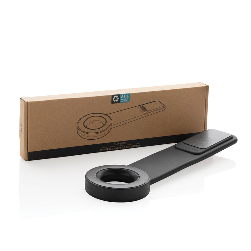 Load image into Gallery viewer, DriveGrip RCS recycled plastic universal magnetic car holder by XD Collection mounted on a car dashboard with a smartphone attached.
