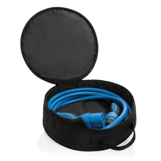 XD Collection Volty Aware™ RPET EV-cable storage bag for car safety, shown open with cables inside, made from eco-friendly materials.