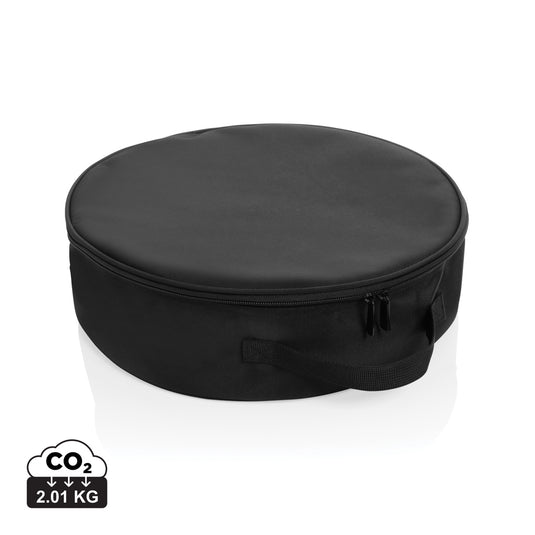 XD Collection Volty Aware RPET EV-cable storage bag for car safety, shown with organized cables inside on a vehicle seat.