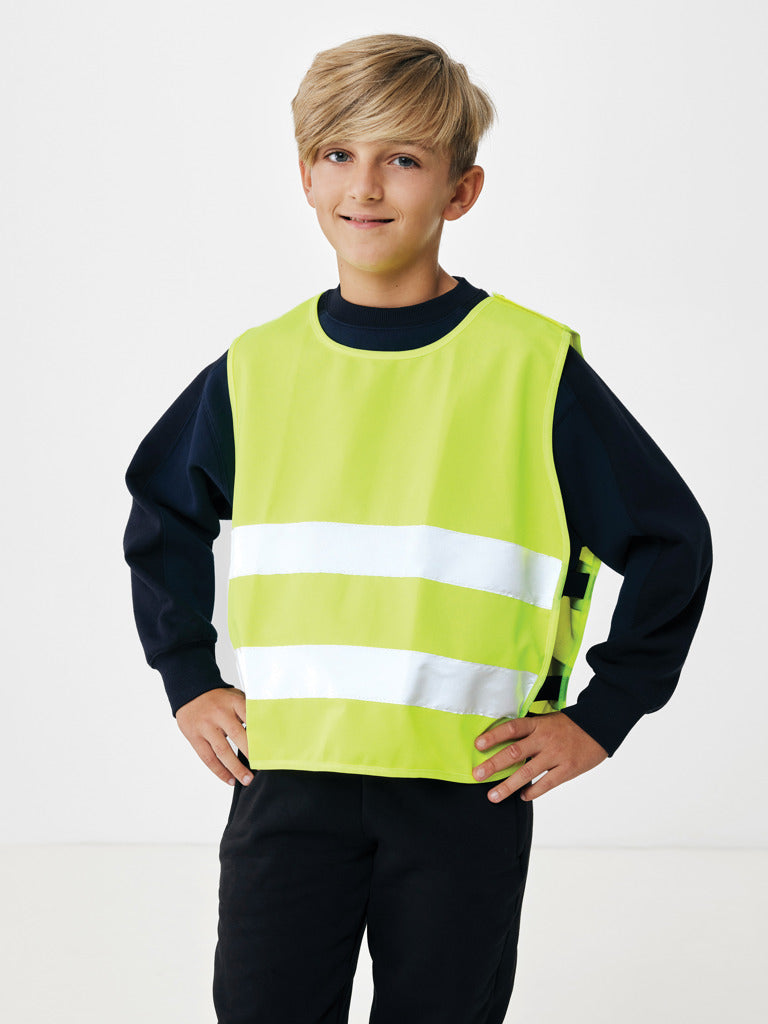 Load image into Gallery viewer, High-visibility safety vest for kids aged 7-12 by XD Collection, made from recycled PET for car and safety use.
