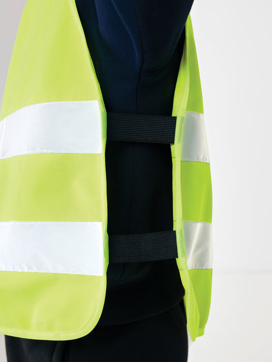 High-visibility safety vest for children aged 7-12, made from recycled PET by XD Collection, with bright reflective panels.