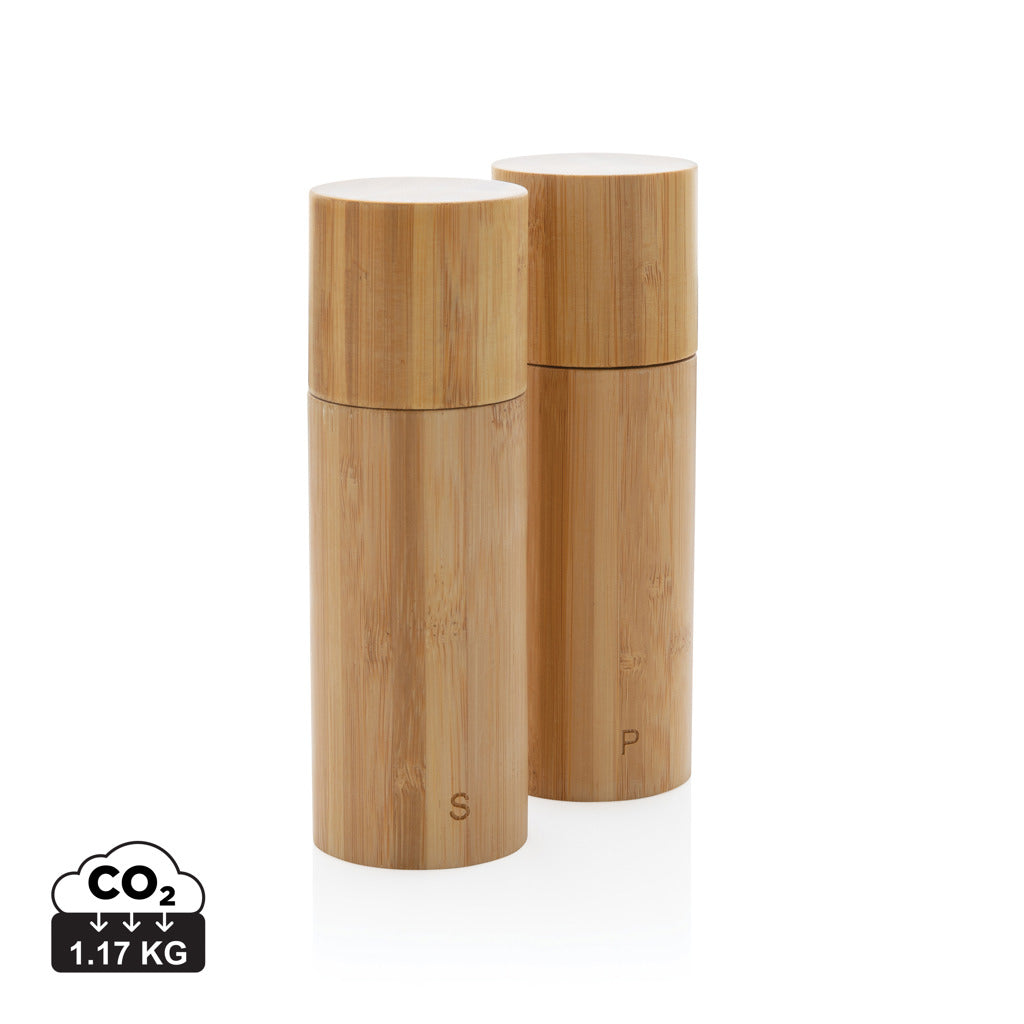Ukiyo bamboo salt and pepper mill set for kitchen, featuring sleek bamboo design with adjustable grinding mechanisms.
