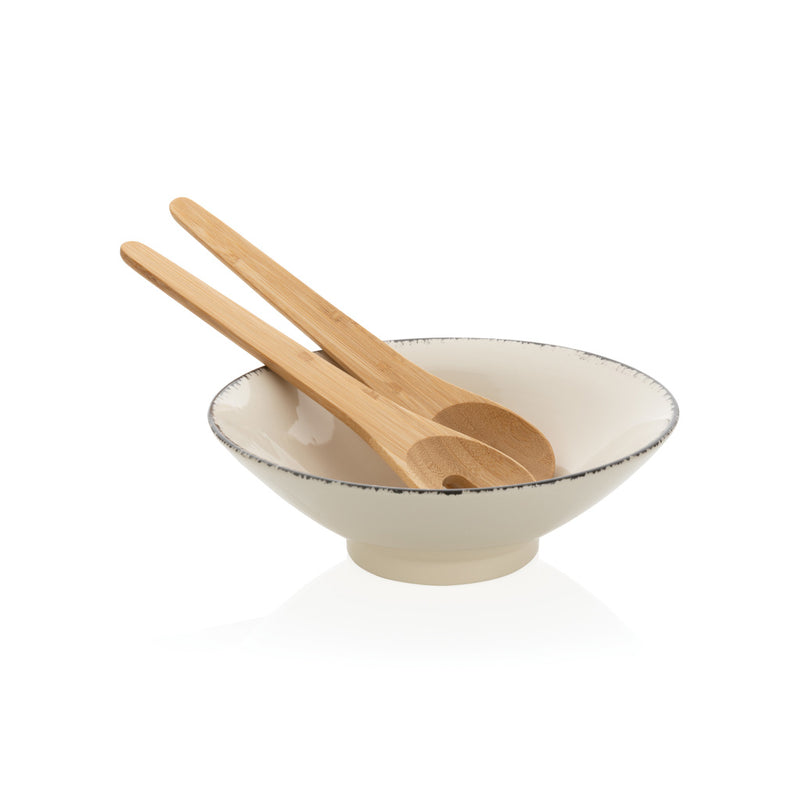 Load image into Gallery viewer, Ukiyo salad bowl with bamboo salad servers, round ceramic bowl for fresh salads, natural wood utensils, home dining essential
