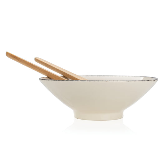Ukiyo salad bowl with bamboo salad servers, large ceramic bowl for fresh salads, natural wood utensils for serving and tossing.