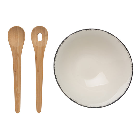Ukiyo salad bowl with bamboo salad servers, round ceramic bowl for fresh salads, natural wood utensils for serving and tossing.