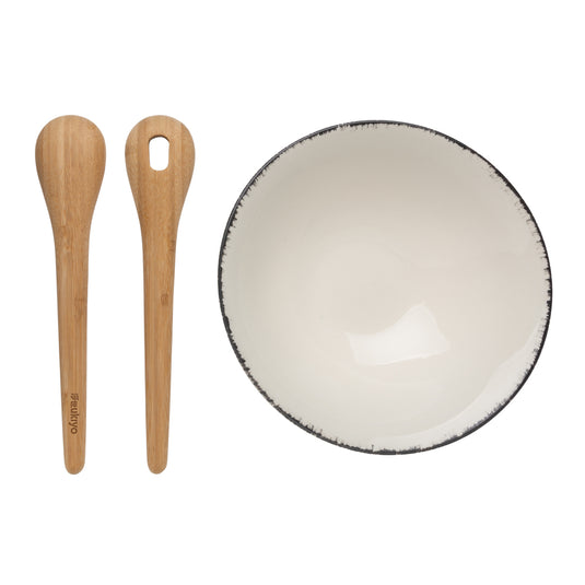 Ukiyo salad bowl with matching bamboo salad servers, made of durable material, ideal for serving fresh salads in home and living settings.