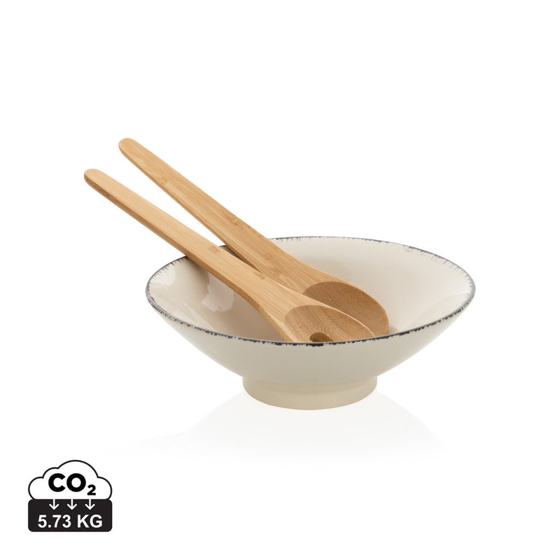Load image into Gallery viewer, Ukiyo salad bowl with bamboo salad server set, round ceramic bowl for serving salads in a stylish home dining setting
