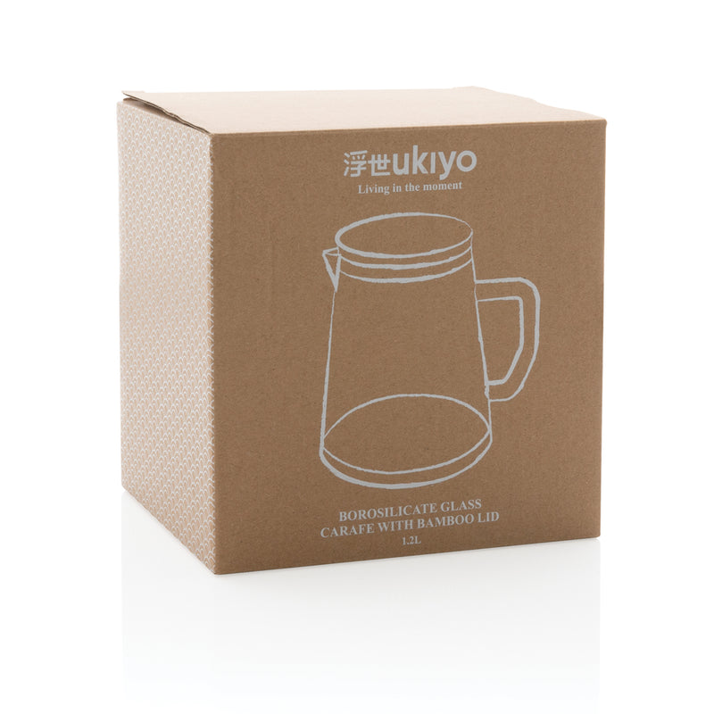 Load image into Gallery viewer, Borosilicate glass carafe with bamboo lid, 1.2L, from Ukiyo, showcasing clear glass and natural bamboo top for stylish drinkware.
