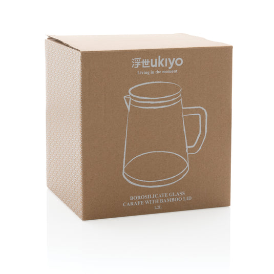 Borosilicate glass carafe with bamboo lid, 1.2L, from Ukiyo, showcasing clear glass and natural bamboo top for stylish drinkware.