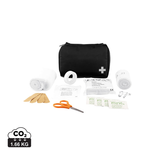 Car safety first aid kit by XD Collection featuring mail size compact first aid supplies in a sturdy plastic case.