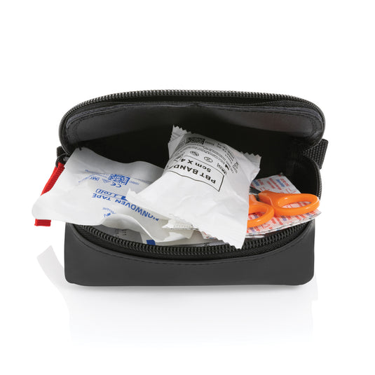 XD Collection RCS recycled nubuck PU first aid pouch for car safety, mailable emergency kit with compact design