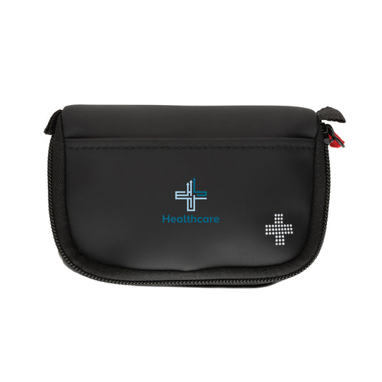 XD Collection RCS recycled nubuck PU pouch first aid kit in car safety set, with mailable compact design and first aid supplies.