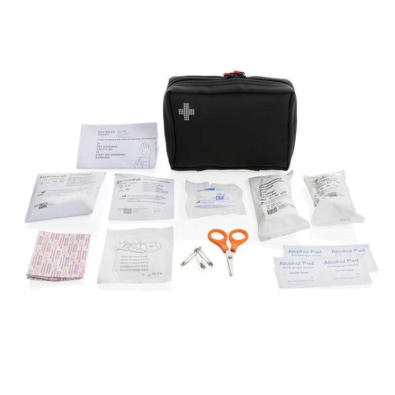 Load image into Gallery viewer, XD Collection RCS recycled nubuck PU first aid pouch for car and safety, showcasing a compact medical kit with a zipper closure
