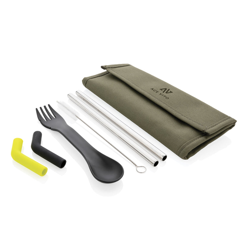 Load image into Gallery viewer, Tierra 2pcs straw and cutlery set in pouch - Custom Wood Designs
