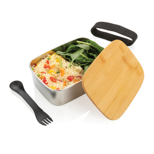 Stainless steel lunchbox with bamboo lid and spork - Custom Wood Designs