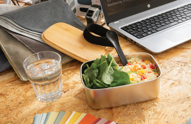 Load image into Gallery viewer, Stainless steel lunchbox with bamboo lid and spork - Custom Wood Designs
