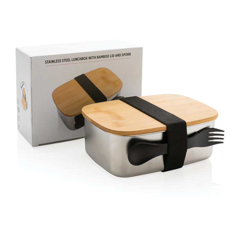 Load image into Gallery viewer, Stainless steel lunchbox with bamboo lid and spork - Custom Wood Designs
