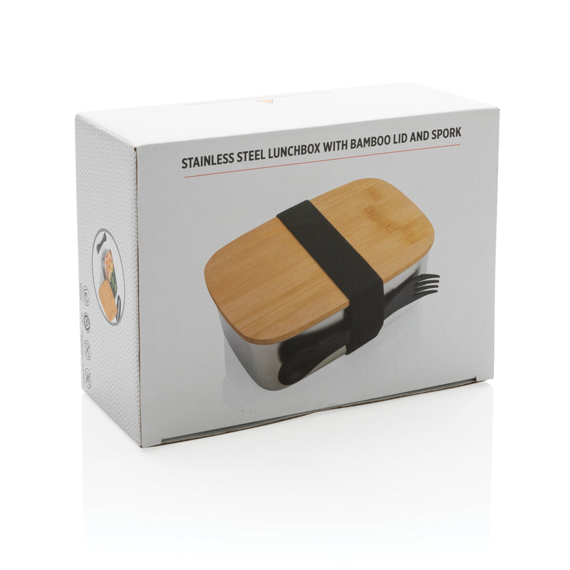 Load image into Gallery viewer, Stainless steel lunchbox with bamboo lid and spork - Custom Wood Designs
