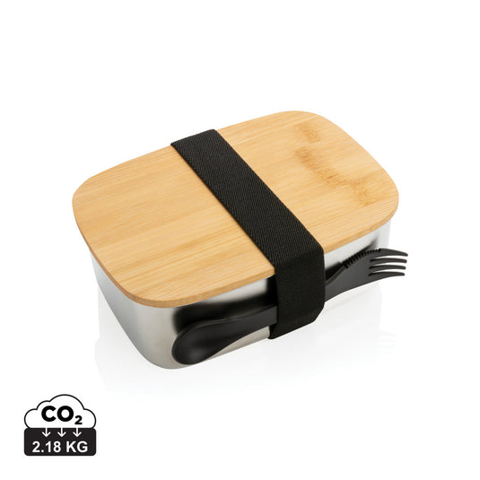Stainless steel lunchbox with bamboo lid and spork - Custom Wood Designs