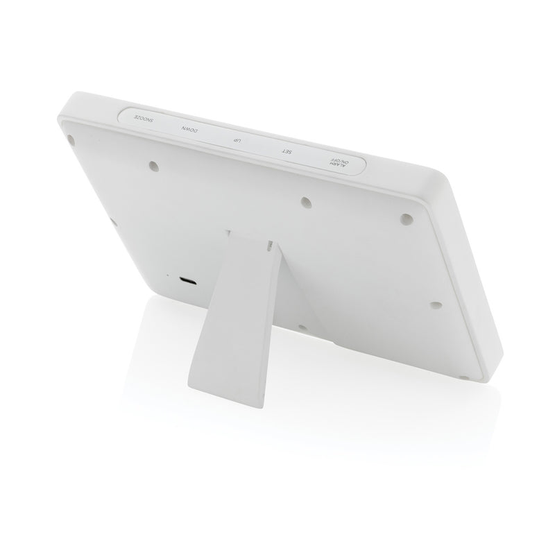 Load image into Gallery viewer, XD Collection Utah RCS recycled plastic and bamboo LED clock, eco-friendly phone and tablet accessory with modern design.
