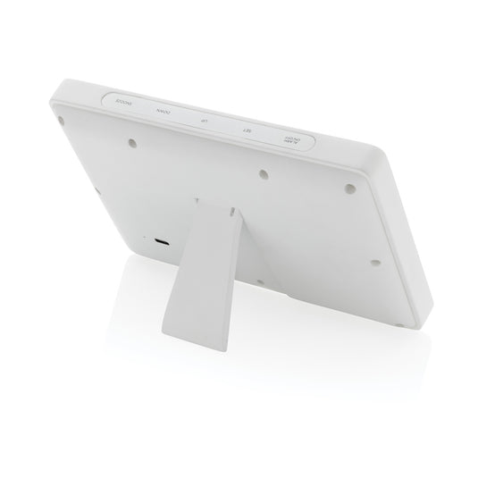 XD Collection Utah RCS recycled plastic and bamboo LED clock, eco-friendly phone and tablet accessory with modern design.