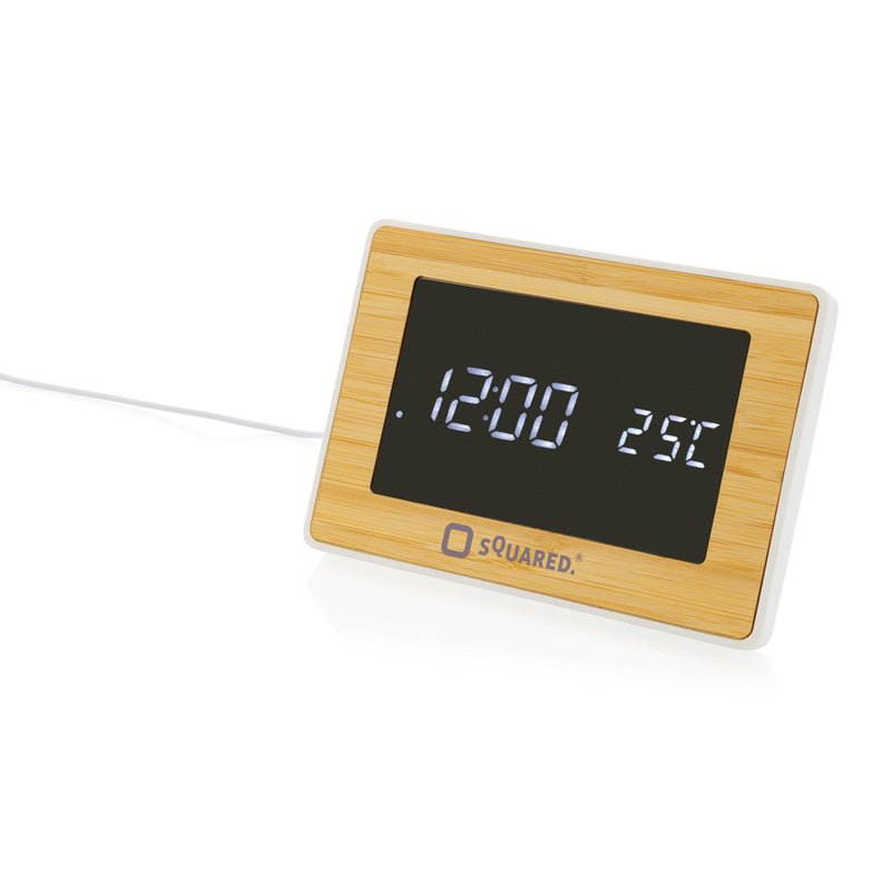 Load image into Gallery viewer, XD Collection Utah RCS recycled plastic and bamboo LED clock, eco-friendly phone and tablet accessory with modern design.

