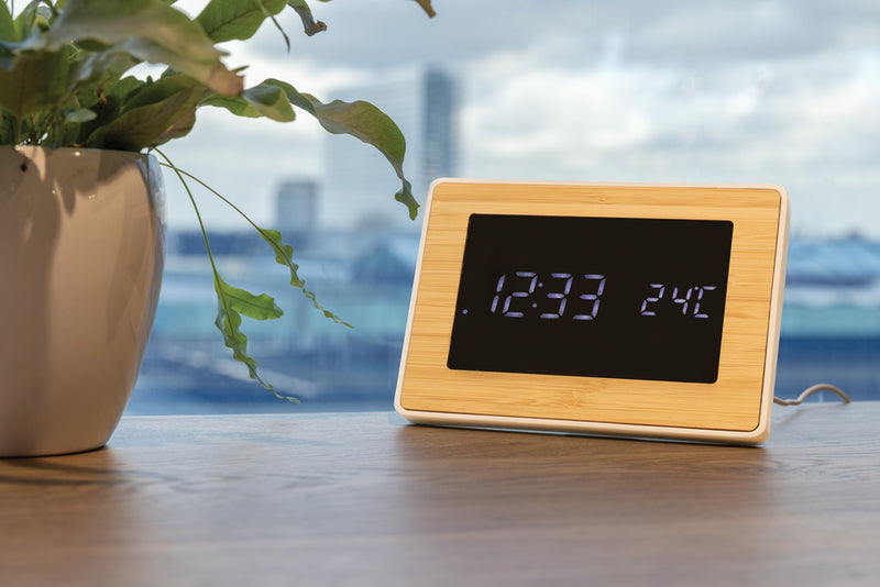 Load image into Gallery viewer, XD Collection Utah RCS recycled plastic and bamboo LED clock, eco-friendly phone and tablet accessory with modern design.

