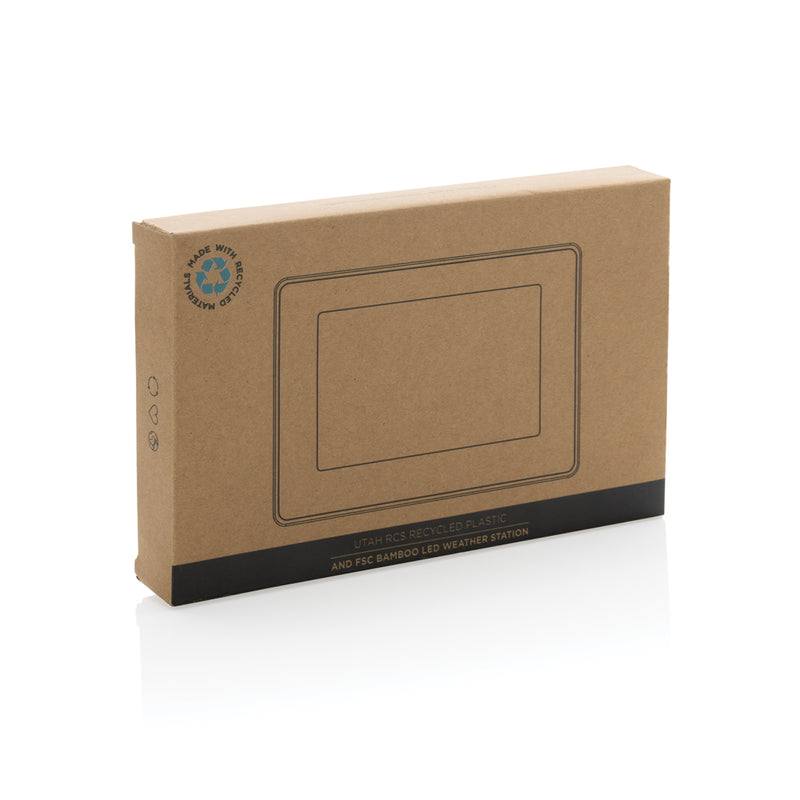 Load image into Gallery viewer, Utah RCS recycled plastic and bamboo LED clock by XD Collection, displayed on a desk with a modern design.
