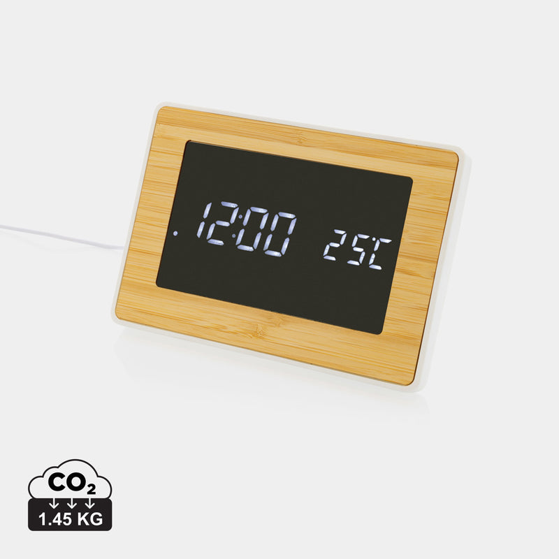 Load image into Gallery viewer, XD Collection Utah RCS recycled plastic and bamboo LED clock, eco-friendly phone and tablet accessory with digital display.
