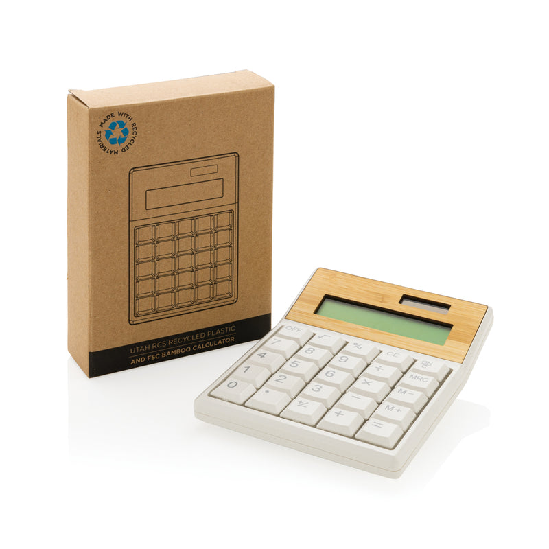 Load image into Gallery viewer, XD Collection Utah RCS recycled plastic and bamboo calculator for phones and tablets, eco-friendly accessory with a sleek design.
