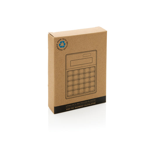 XD Collection Utah RCS recycled plastic and bamboo calculator for phone and tablet accessories, featuring eco-friendly design and digital display.