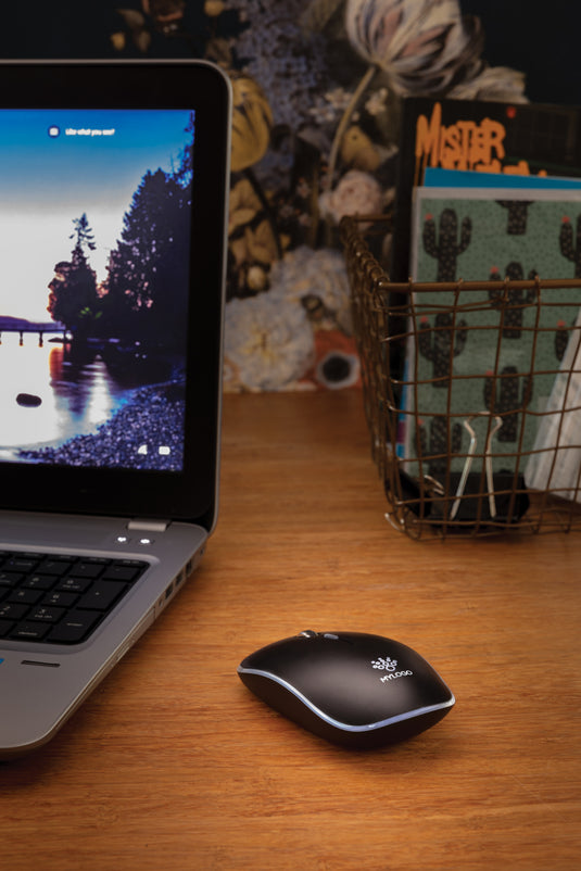 Wireless XD Collection Light Up Logo Mouse with illuminated logo, designed for phone and tablet accessories, sleek and modern in style.