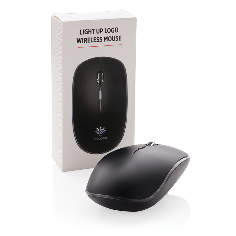 Load image into Gallery viewer, Wireless mouse with illuminated logo by XD Collection, designed for phones and tablets, featuring a sleek ergonomic design.
