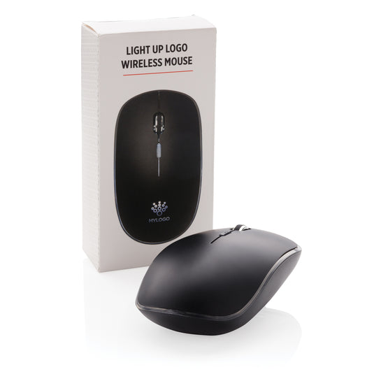 Wireless mouse with illuminated logo by XD Collection, designed for phones and tablets, featuring a sleek ergonomic design.