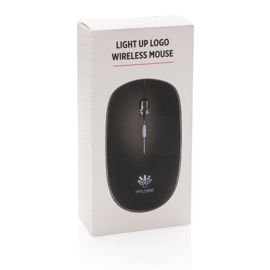 Wireless mouse with illuminated logo from XD Collection, designed for phones and tablets, featuring a sleek ergonomic design.