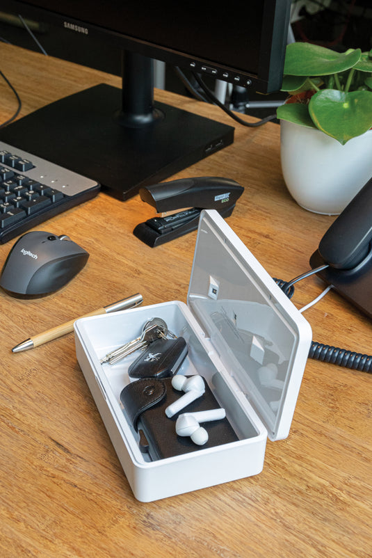 UV-C steriliser box by XD Collection for phones and tablets, shown in a sleek compact design suitable for sanitizing devices.