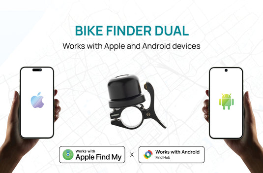 XD Collection Bike Finder Dual RCS bike bell with worldwide locating feature on phone and tablet accessory, showing the bell and device in use.