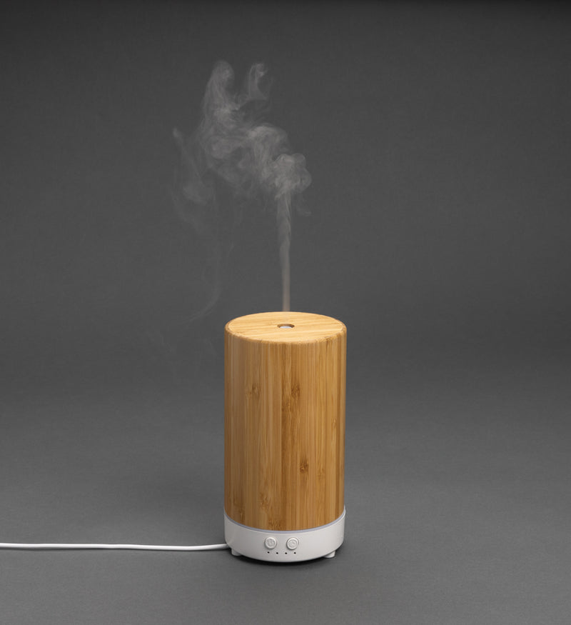Load image into Gallery viewer, XD Collection RCS recycled plastic and bamboo aroma diffuser for phones and tablets, with a sleek, natural wooden design.
