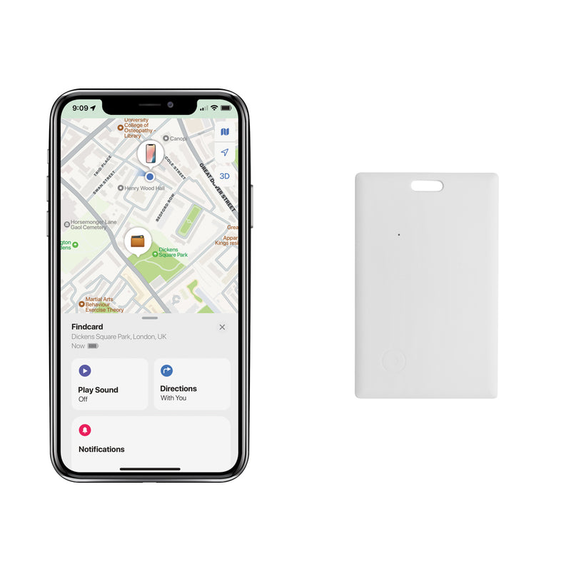 Load image into Gallery viewer, Findcard RCS recycled plastic item finder card for phones and tablets by XD Collection, shown with key features and branding.
