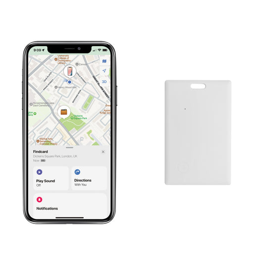 Findcard RCS recycled plastic item finder card for phones and tablets by XD Collection, shown with key features and branding.