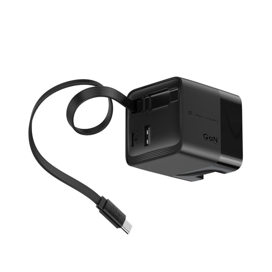 Urban Vitamin Mendocino 65W GaN charger with retractable cable for phones and tablets, compact and portable accessory.
