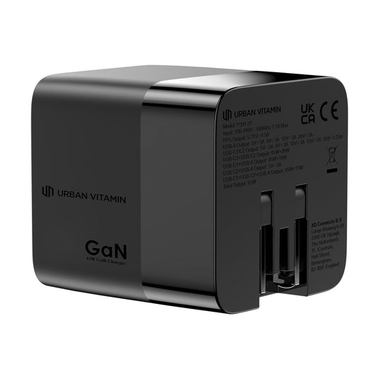 Urban Vitamin Mendocino 65W GaN charger with retractable cable for phones and tablets, compact and portable charging accessory.