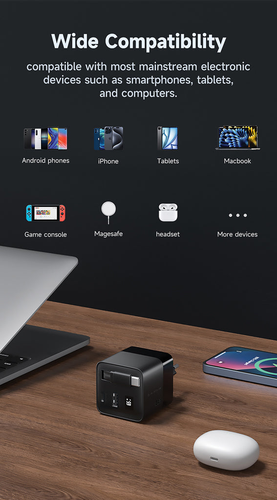 Load image into Gallery viewer, Urban Vitamin Mendocino 65W GaN charger with retractable cable for phones and tablets, compact and portable accessory.
