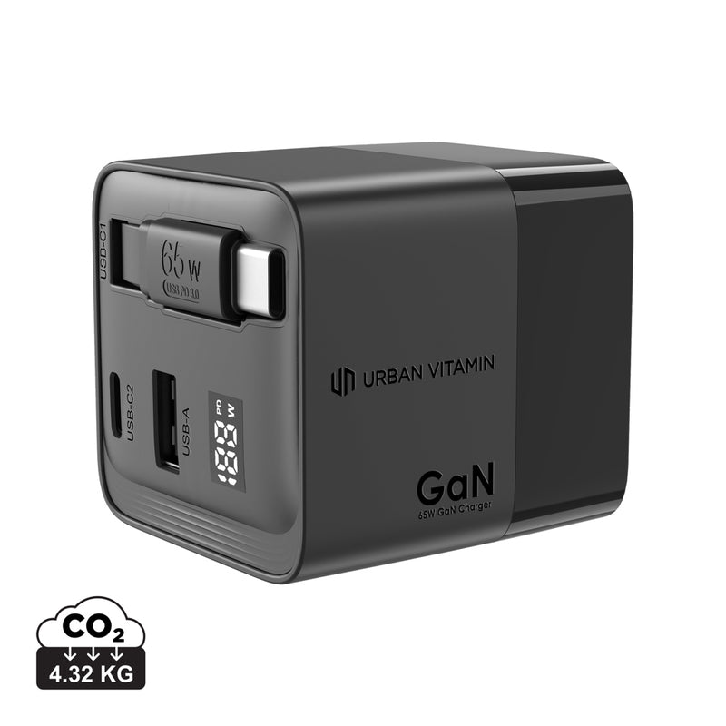 Load image into Gallery viewer, Urban Vitamin Mendocino 65W GaN charger with retractable cable for phones and tablets, compact and portable design.

